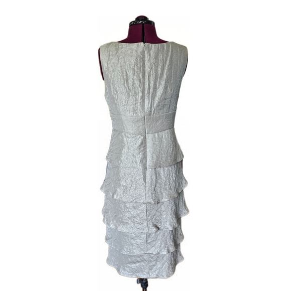 R&M Richards Iridescent Silver Jeweled Beaded Layered V Neck Cocktail Midi Dress - Picture 4 of 16